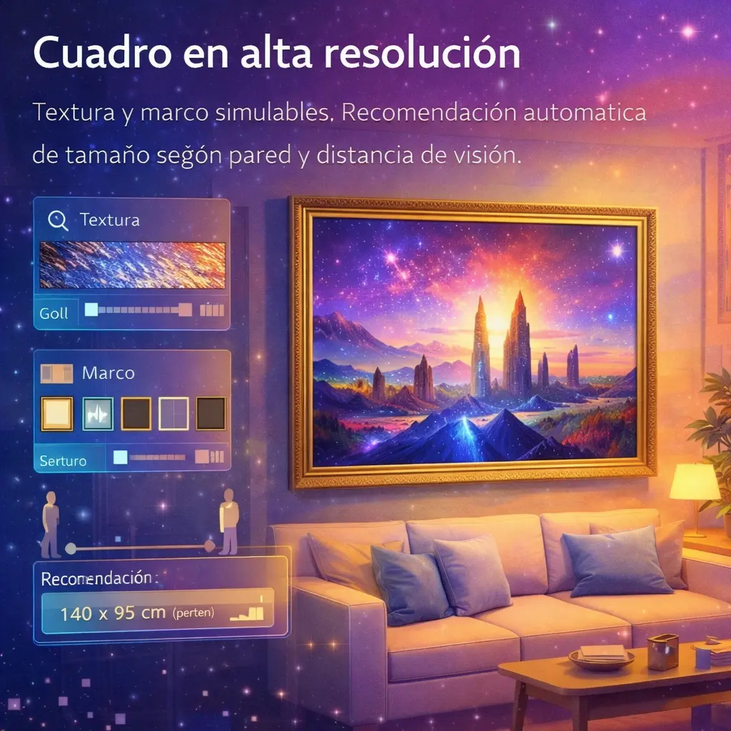 Cuadro en alta resolución con simulación de textura, marco y escala real
